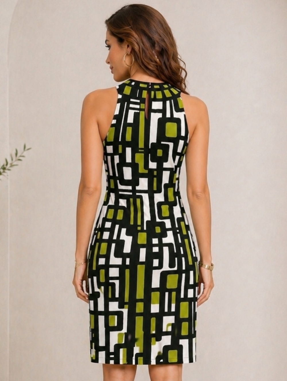 Laura Petite | Geometric Print Halter Neckline Midi Dress - Picture 2 of 9